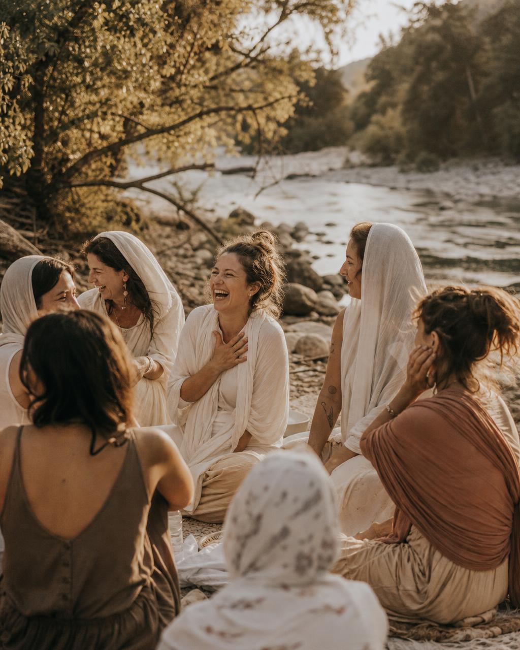 Women gathered in a circle by a forest river at golden hour, some with white shawls, laughing and connecting