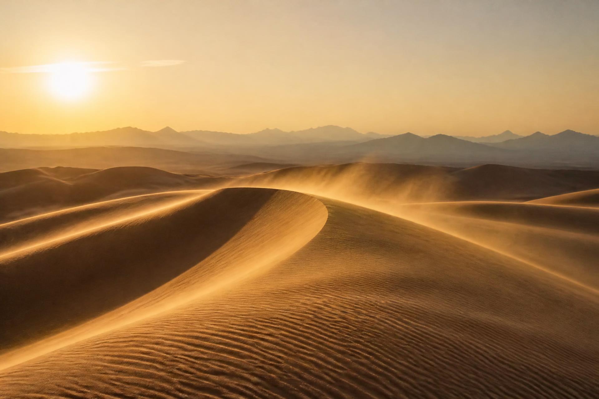 Sunrise over quiet desert dunes
