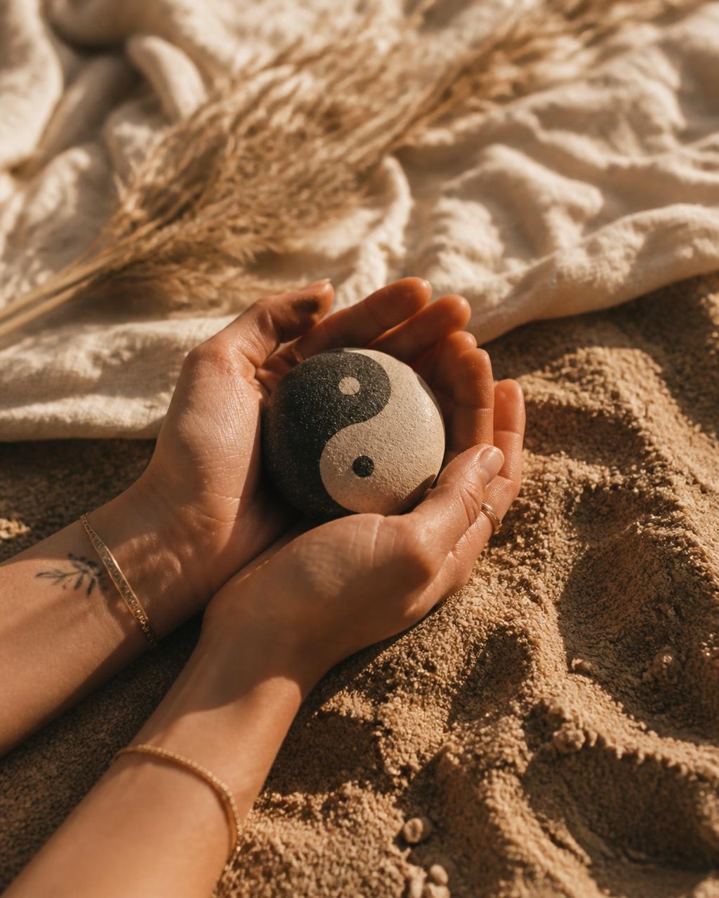 Two hands gently holding a smooth stone with a yin-yang symbol on warm desert sand, a quiet meditation on life's dualities