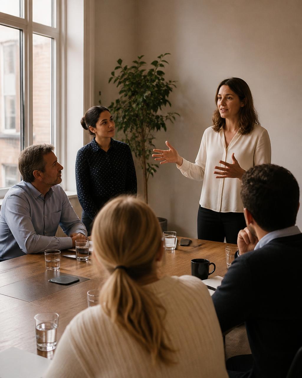 A mixed group of professionals sitting in a quiet reflective circle in a warm, sunlit room