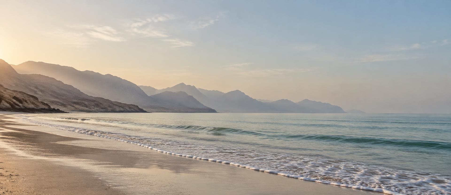 A quiet shoreline in Ras Al Khaimah at early morning, pale sea meeting soft sand beneath hazy mountains